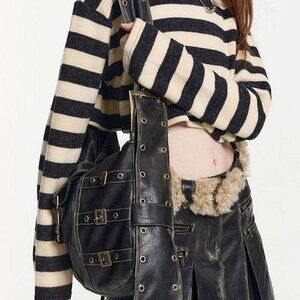 Distressed biker grunge Black vegan leather shoulder bag crossbody bag